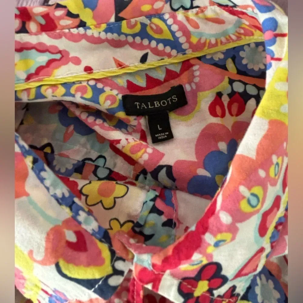 Talbots Button Up Bright Pink Paisley Preppy Coastal Beach Roll Tab Sleeve Large